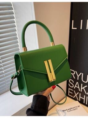 Green Top-Handle Women's Satchel Handbag with Gold Accents
